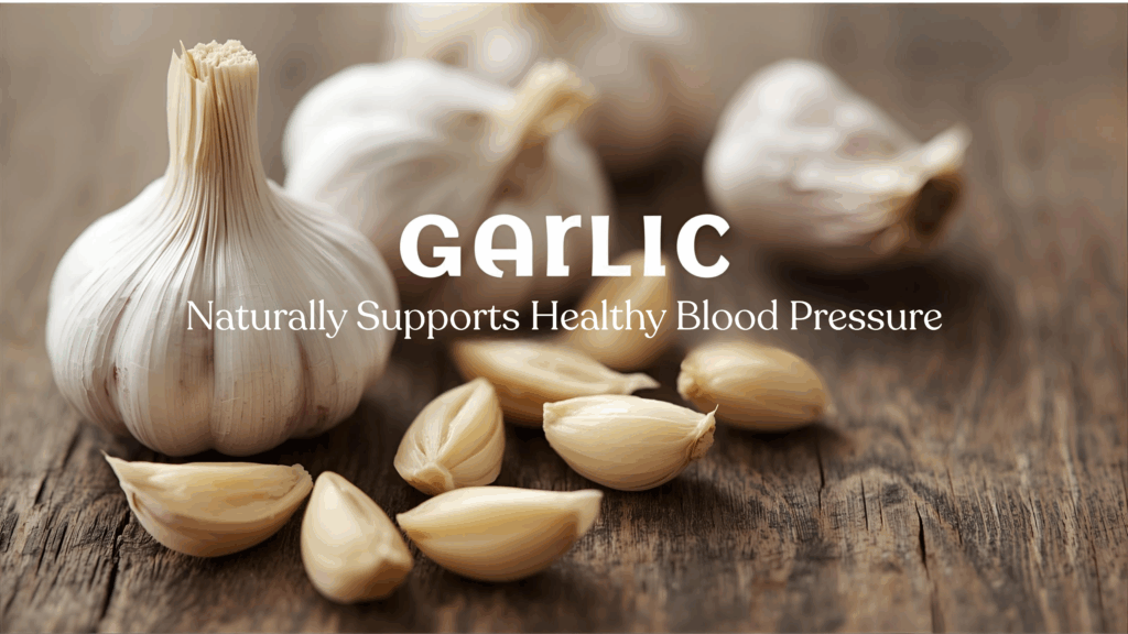 Fresh garlic bulbs and cloves with text highlighting their natural blood pressure support benefits.
