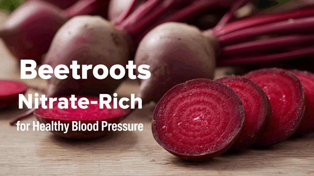 Fresh whole and sliced beetroots with text highlighting their nitrate-rich benefits for healthy blood pressure.