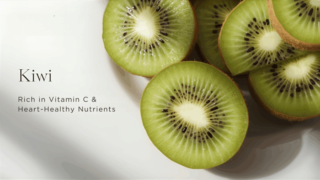 Fresh sliced kiwi with text highlighting its vitamin C and heart-healthy nutrients.