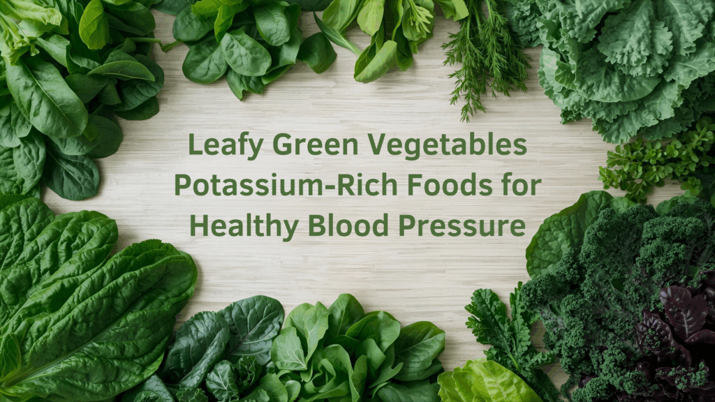Fresh leafy green vegetables such as spinach, kale, and lettuce with text highlighting their potassium-rich benefits for healthy blood pressure.