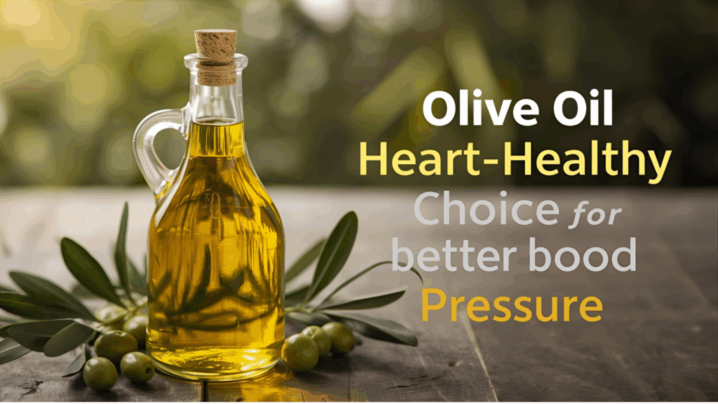 Bottle of extra virgin olive oil with olives and text highlighting its heart-healthy benefits.