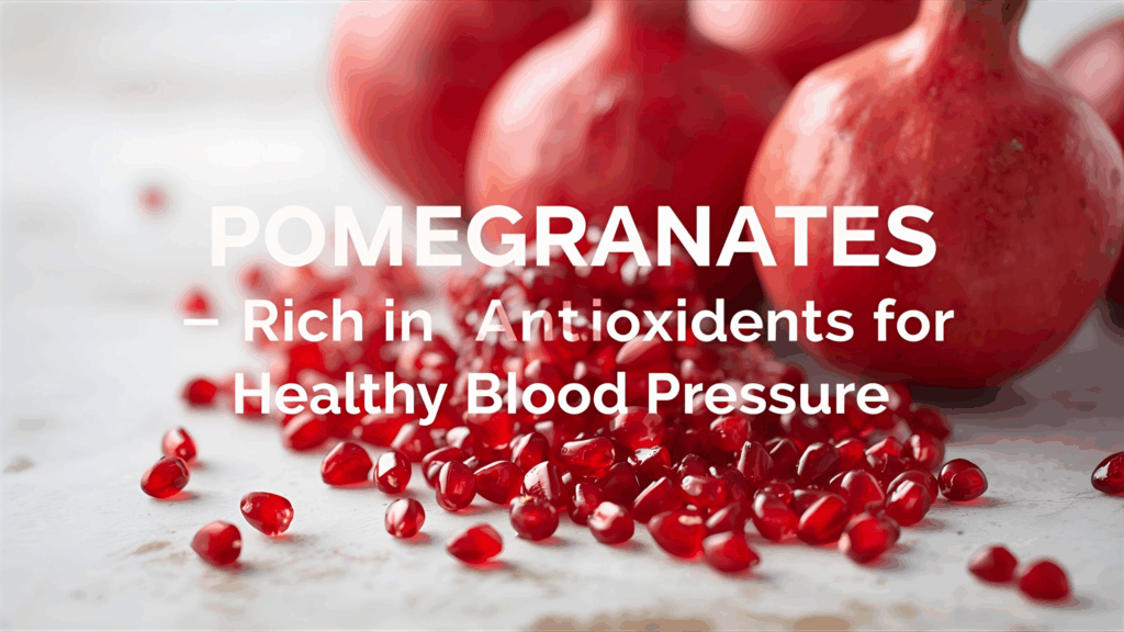 Fresh pomegranates and seeds with text highlighting their benefits for healthy blood pressure.