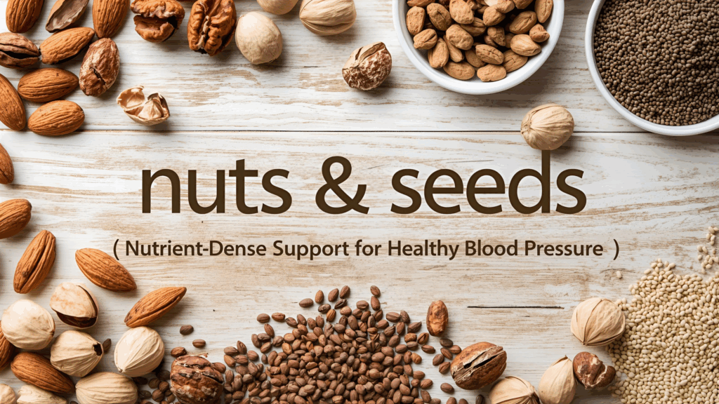 Assorted nuts and seeds with text highlighting their benefits for maintaining healthy blood pressure.