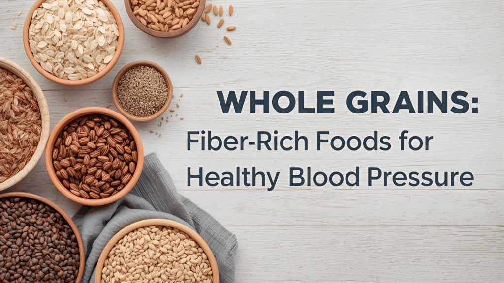 Assorted whole grains such as oats, brown rice, and quinoa with text highlighting their heart and blood pressure benefits.