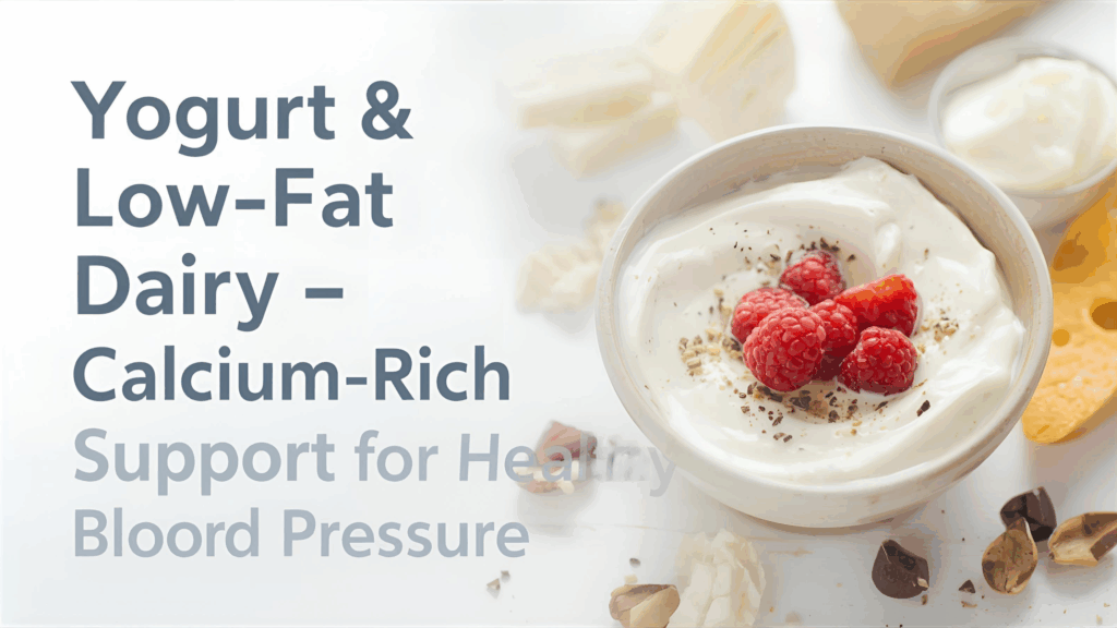 Bowl of yogurt with fresh toppings and low-fat dairy items with text highlighting their benefits for healthy blood pressure.