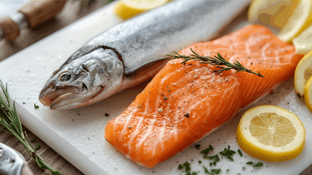 Fresh fatty fish such as salmon and mackerel with text highlighting their heart-healthy benefits.