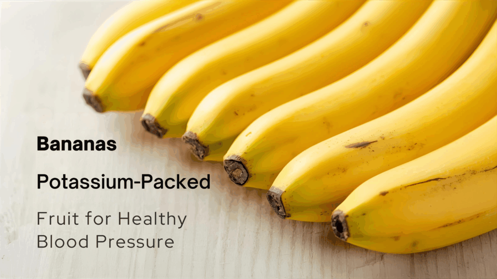 Fresh ripe bananas with text highlighting their potassium-rich benefits for healthy blood pressure.