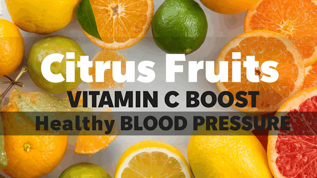 Fresh citrus fruits such as oranges, lemons, and grapefruits with text highlighting their vitamin-rich heart health benefits.