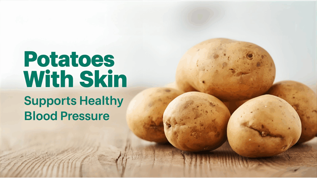 Fresh potatoes with skin on a wooden surface with text highlighting their benefits for healthy blood pressure.