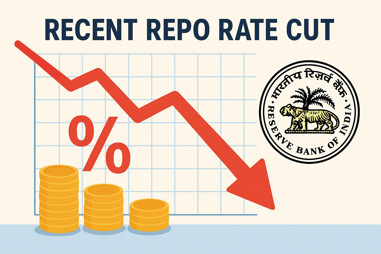 Graphic showing the RBI cutting the repo rate to 5.25%, highlighting lower home loan and personal loan EMIs for borrowers