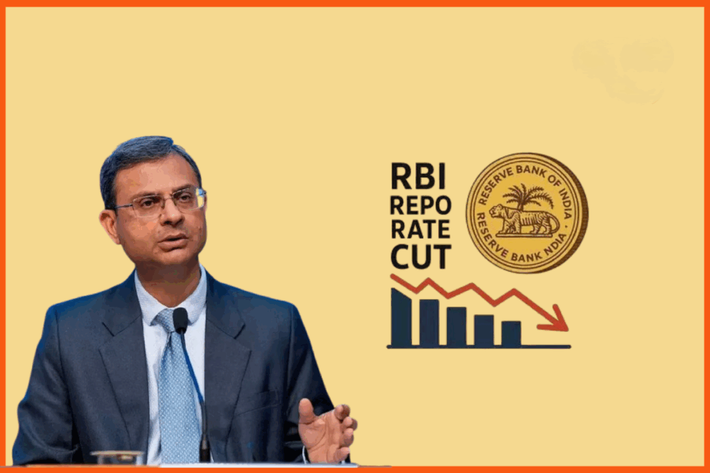 Illustration showing the RBI repo rate cut to 5.25% and its impact on savers, including lower returns on fixed deposits and small savings schemes.