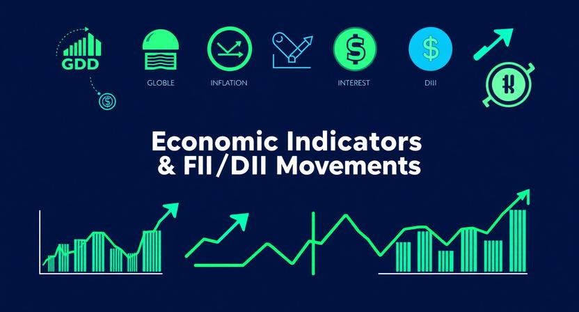 Economic indicators and FII/DII movements showing Rupee weakness, FII selling, DII buying, and India’s GDP outlook