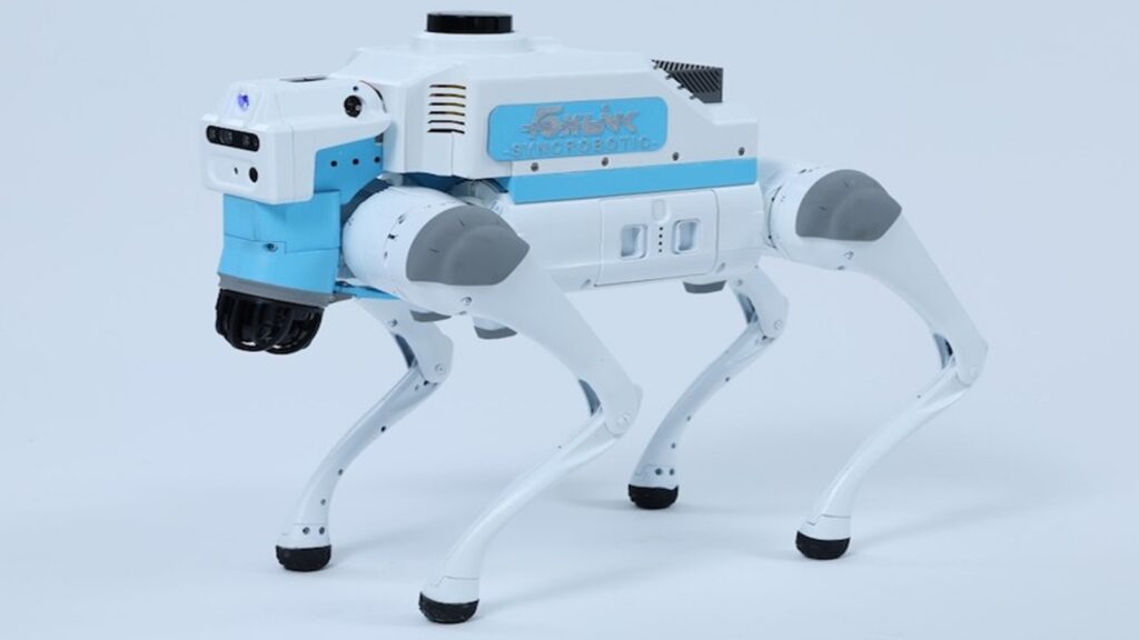 Robotic dog features agile, durable design with advanced sensors and mobility.