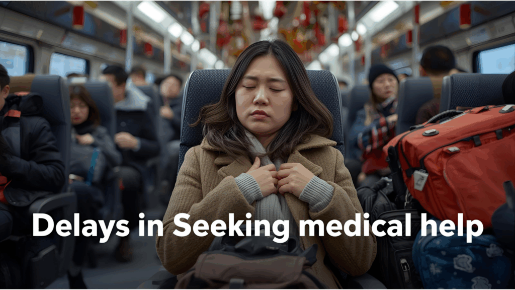 Traveler experiencing mild chest discomfort, delaying medical care during holidays.