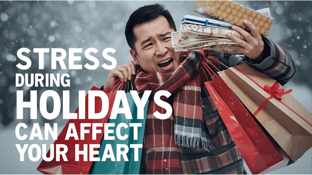 Stressed person during holidays surrounded by gifts and bills, showing heart strain risk.
