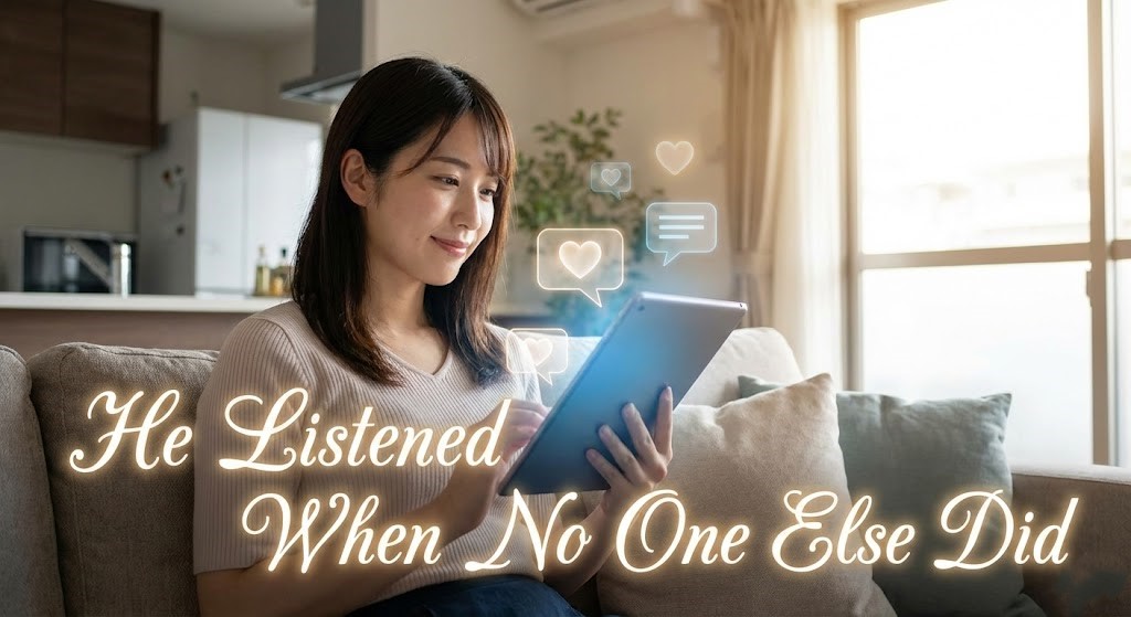 A close-up scene captures comfort and emotional support through a glowing chat screen.