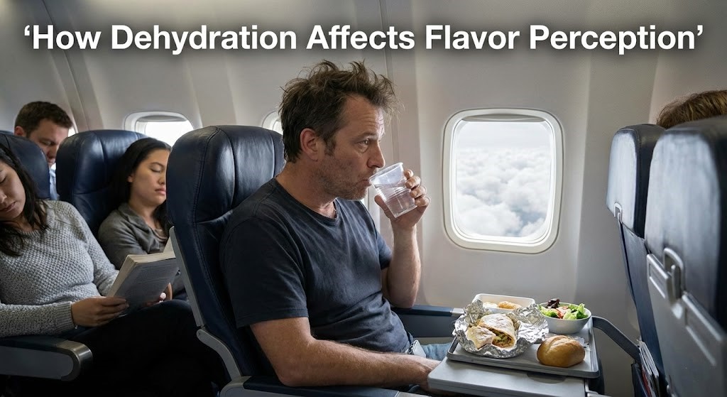 Less saliva reduces taste bud activation, making food bland.