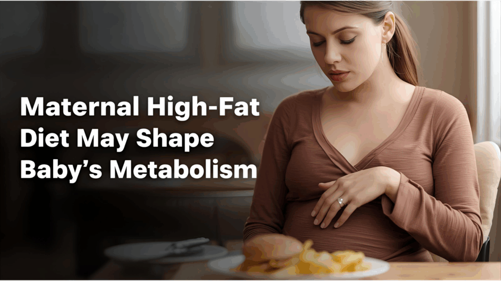 Pregnant woman touching her belly with visible healthy meals and junk food, representing research on maternal diet shaping fetal health