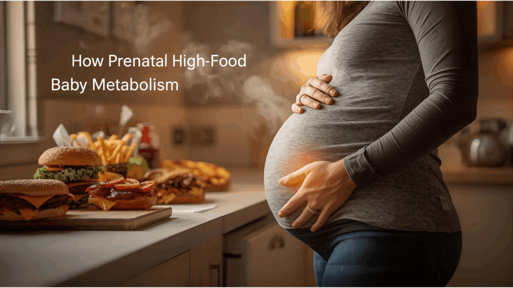 Pregnant woman touching her belly with healthy and high-fat foods on the counter, representing prenatal diet influence on fetal metabolic development.