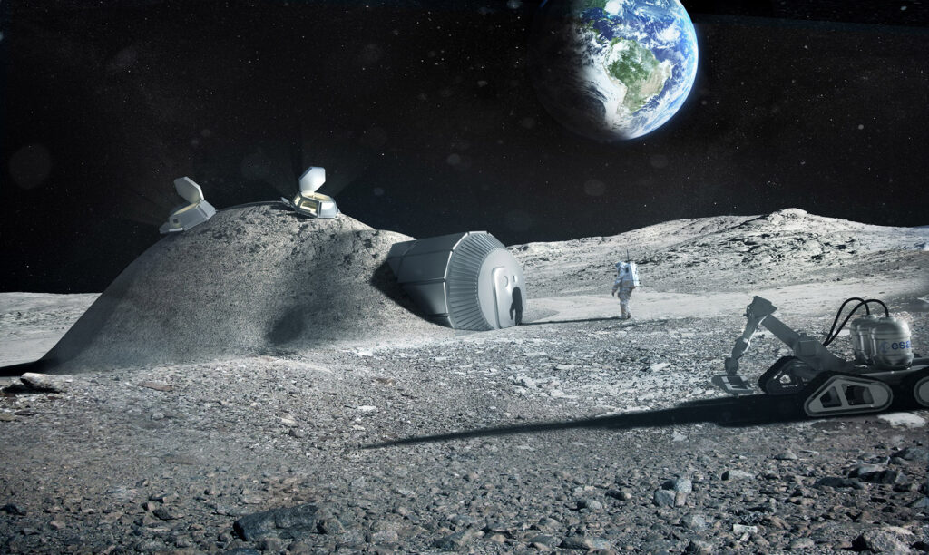 Robotic dog assists exploration and transport on the Moon.