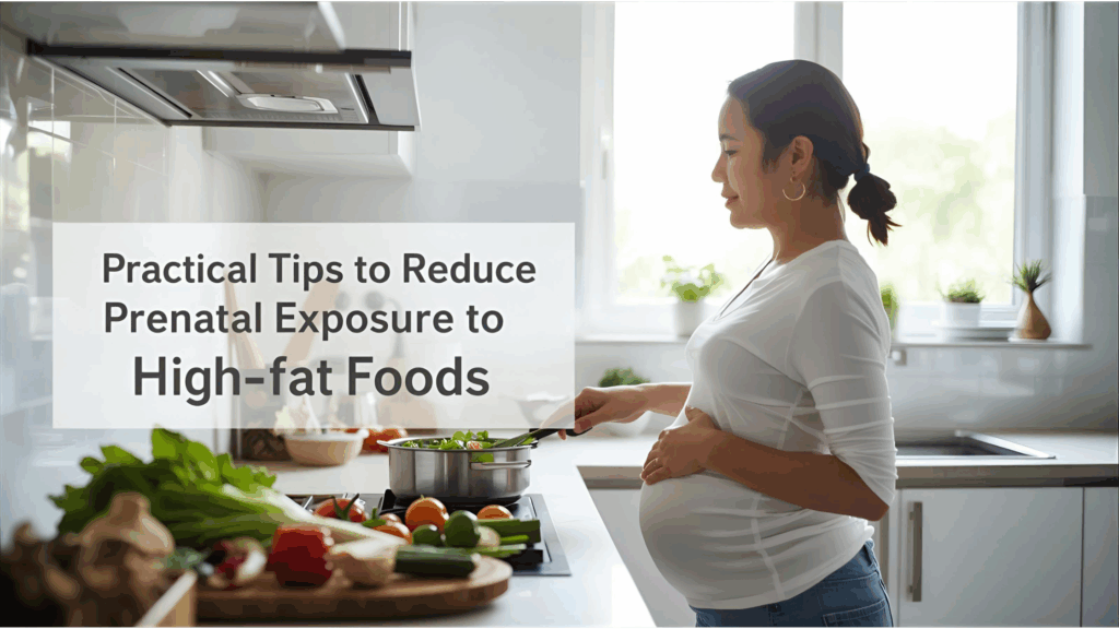 Pregnant woman cooking healthy meals at home with fresh vegetables, illustrating practical tips to reduce prenatal exposure to high-fat foods.