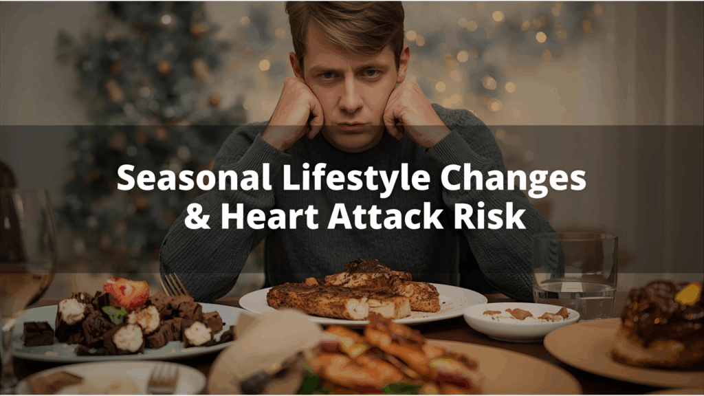 Person overindulging in holiday food and drinks, highlighting winter heart attack risk.