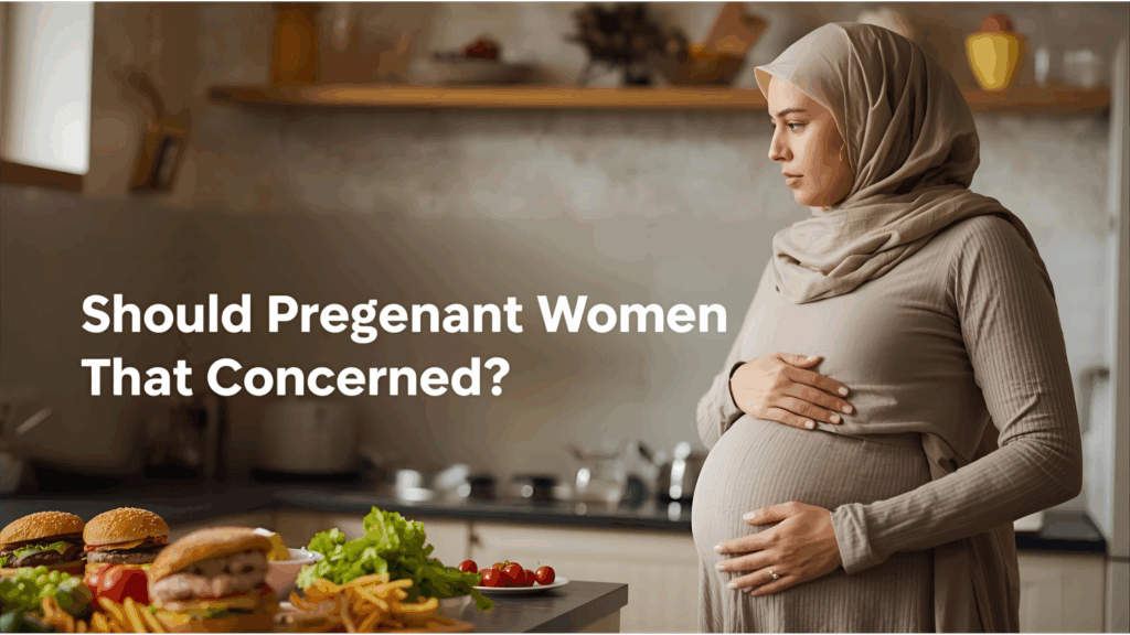 thoughtful pregnant mother in a kitchen with healthy and unhealthy foods, representing risks of prenatal high-fat food exposure.