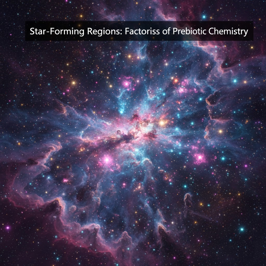 Nebulae and young stars produce complex molecules essential for life.