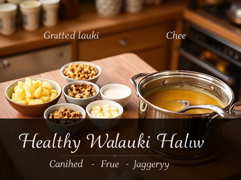 A bowl of Healthy Walnut Lauki Halwa with ingredients and cooking steps arranged around it, showing a step-by-step preparation.