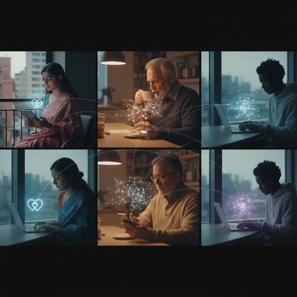 A worldwide view shows people across cultures engaging with AI through digital devices.