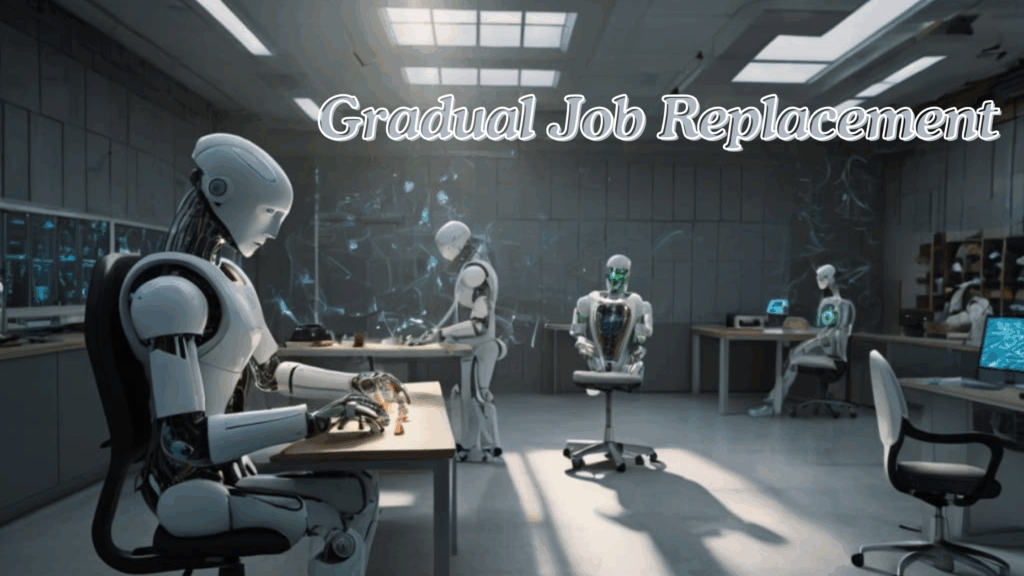 Gradual job replacement, hybrid human-AI work, new professions, and growing demand for creativity.