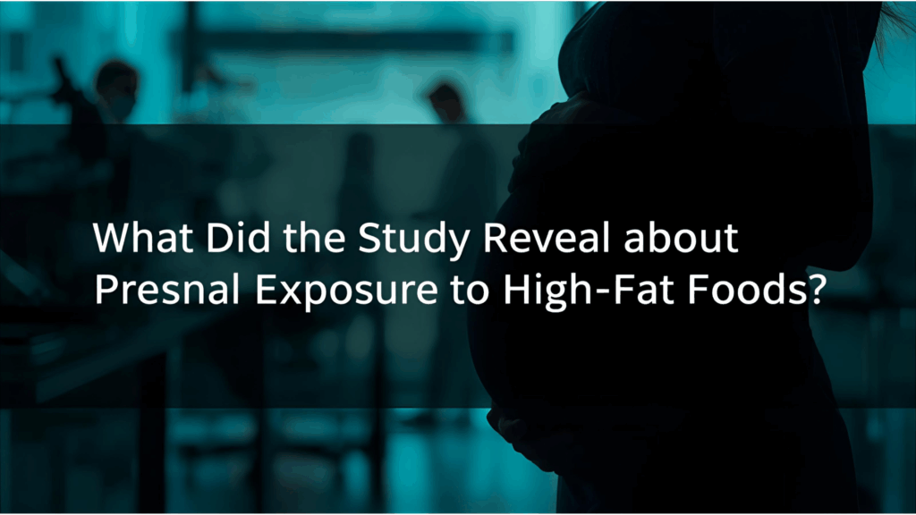 Pregnant woman holding her belly with high-fat foods like burgers and fries nearby, illustrating study on prenatal exposure and child metabolism.