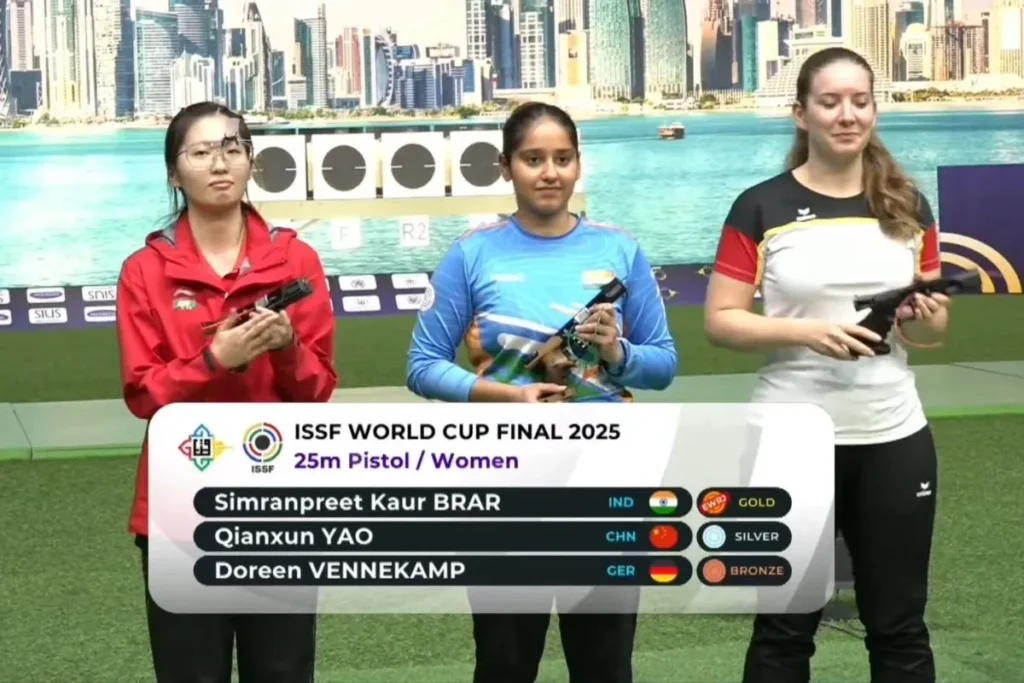 Simranpreet Kaur Brar celebrating her historic ISSF World Cup Final 2025 gold win.