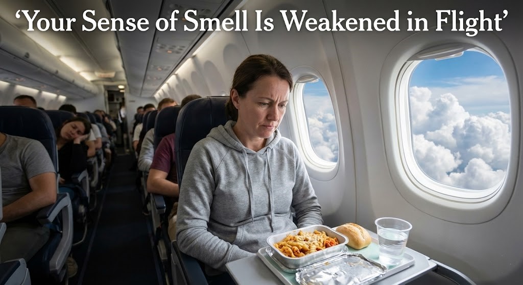 Dry cabin air and pressure changes dull olfactory senses.