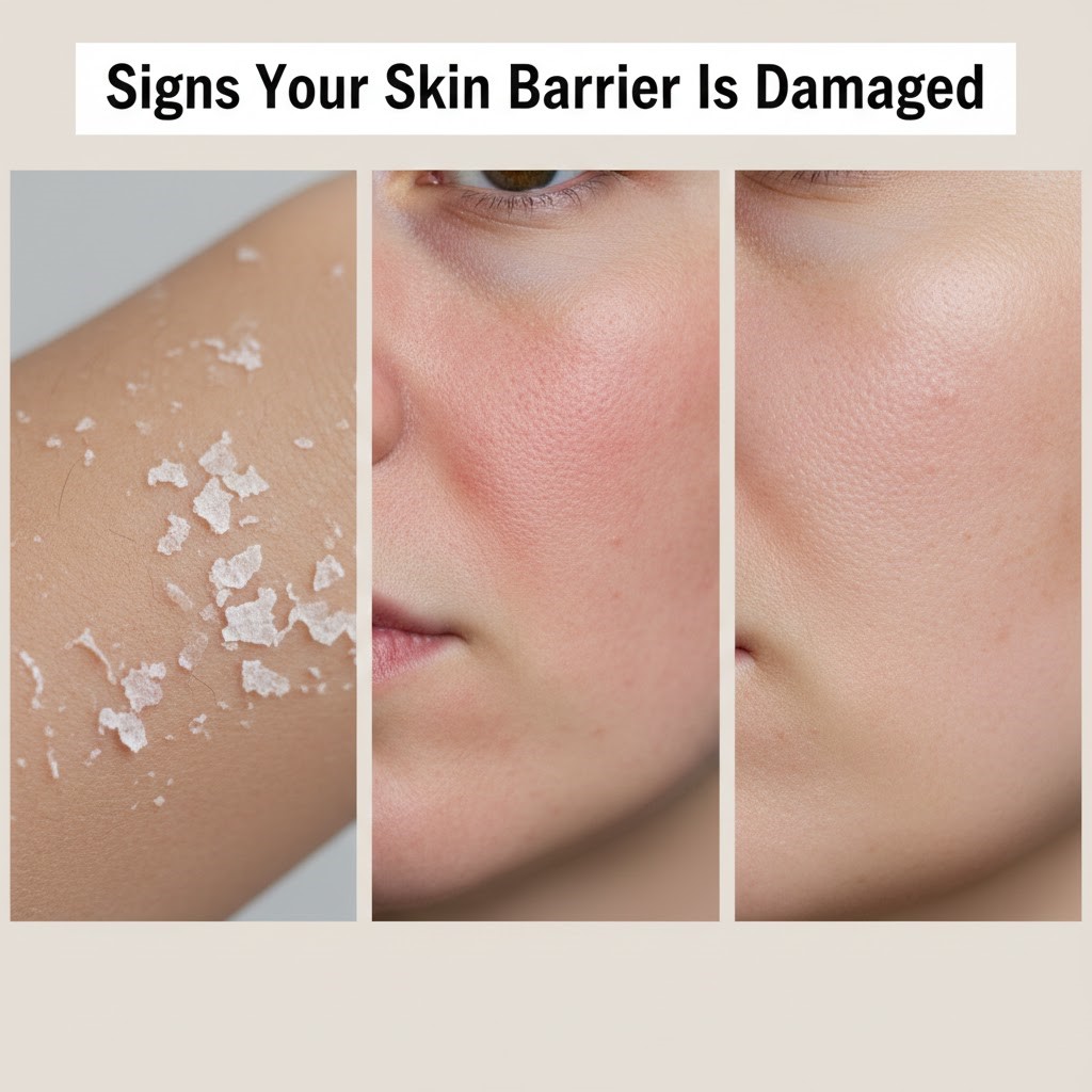 Signs of damaged skin barrier including redness and dryness