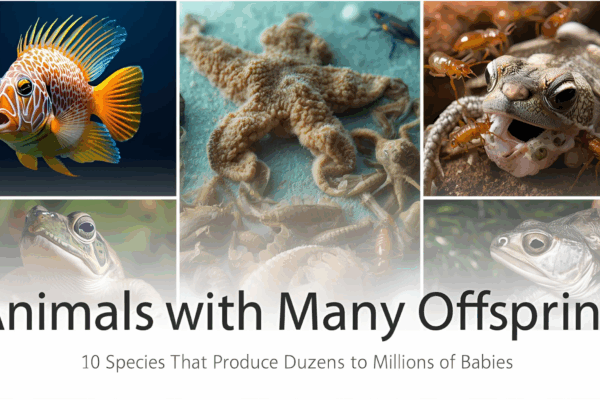 Wildlife collage of prolific breeders demonstrating animals producing dozens to millions of young.