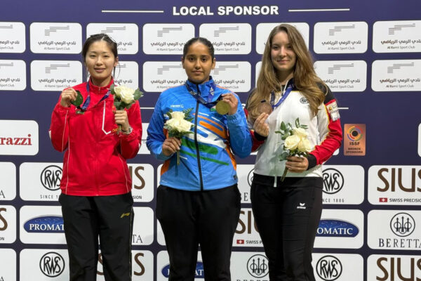 Simranpreet Kaur Brar celebrating 25m pistol gold at ISSF World Cup Final 2025 for India.