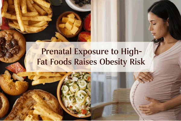 Pregnant woman in kitchen with fresh food and faint fast-food, headline on screen about prenatal high-fat food and obesity risk