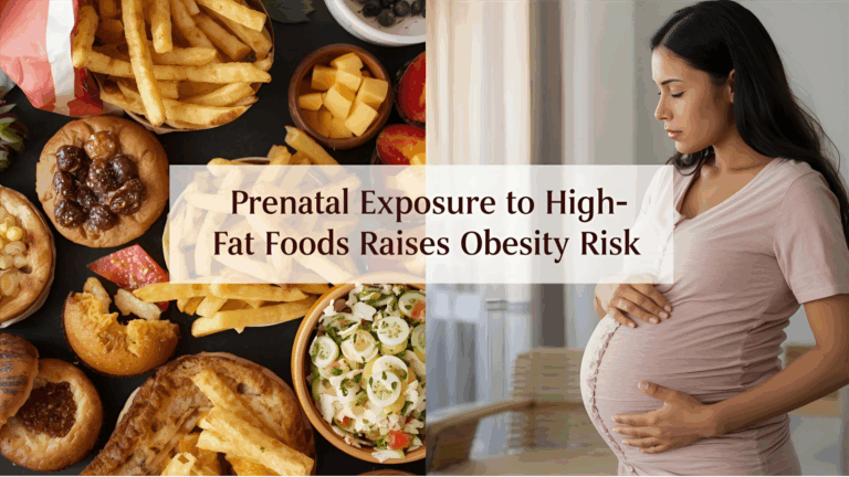 Pregnant woman in kitchen with fresh food and faint fast-food, headline on screen about prenatal high-fat food and obesity risk