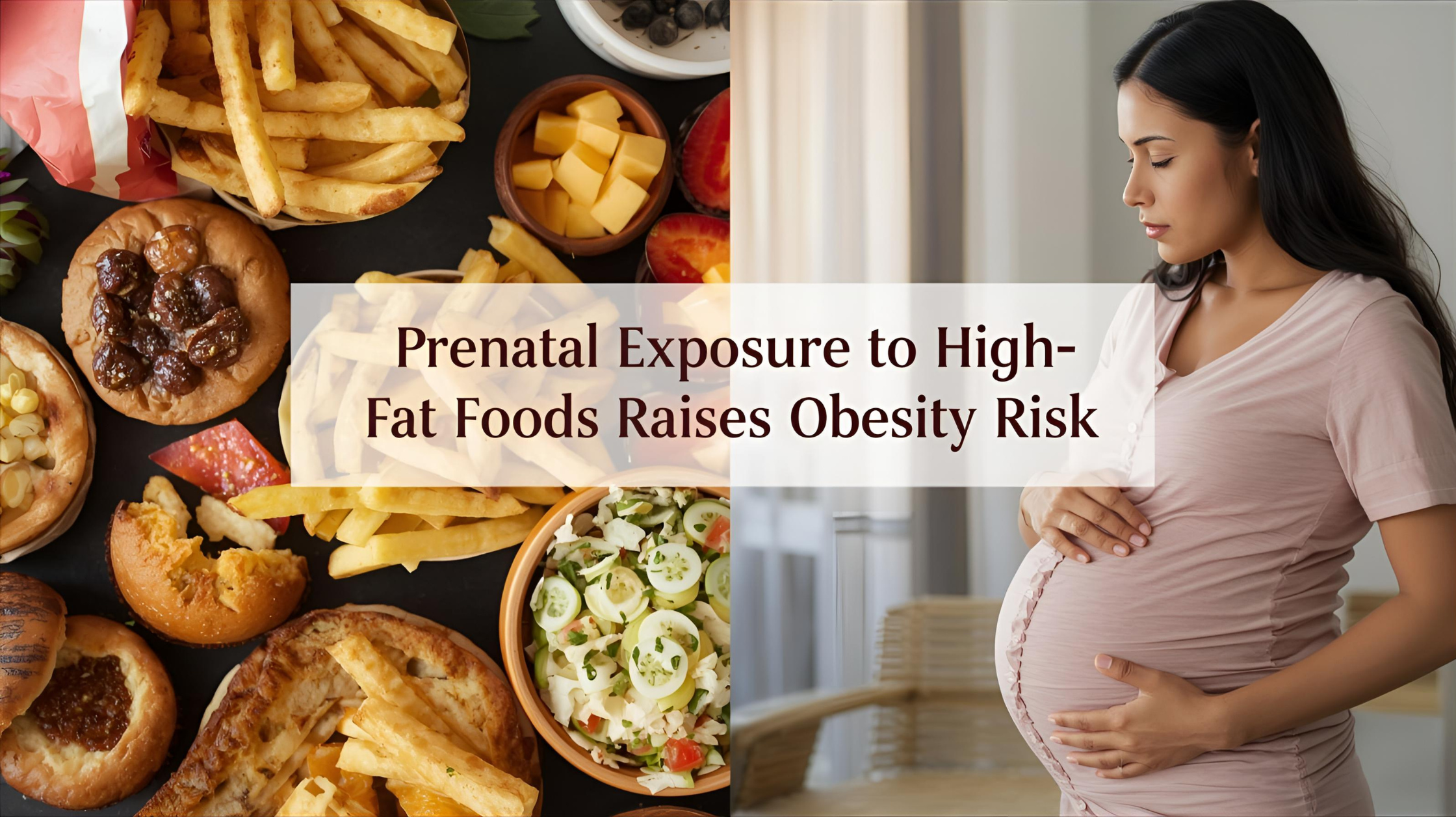 Pregnant woman in kitchen with fresh food and faint fast-food, headline on screen about prenatal high-fat food and obesity risk